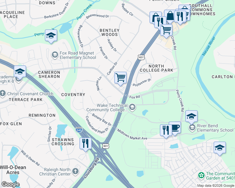 map of restaurants, bars, coffee shops, grocery stores, and more near 6809 Louisburg Road in Raleigh