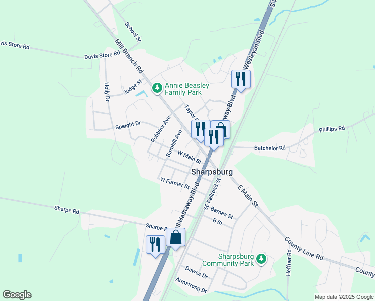 map of restaurants, bars, coffee shops, grocery stores, and more near 101 Laurie Drive in Rocky Mount