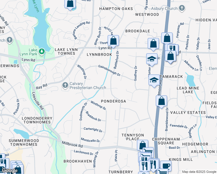 map of restaurants, bars, coffee shops, grocery stores, and more near 6300 Bayswater Trail in Raleigh