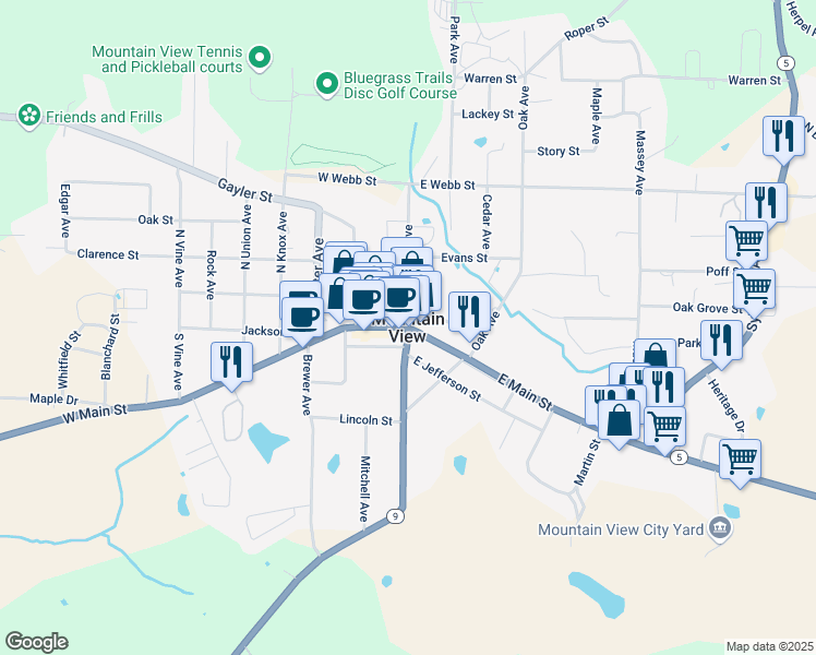 map of restaurants, bars, coffee shops, grocery stores, and more near in Mountain View