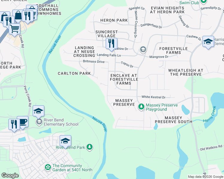 map of restaurants, bars, coffee shops, grocery stores, and more near 3570 Massey Ridge Court in Raleigh