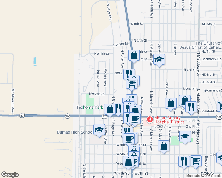 map of restaurants, bars, coffee shops, grocery stores, and more near 301-351 Northwest 2nd Street in Dumas