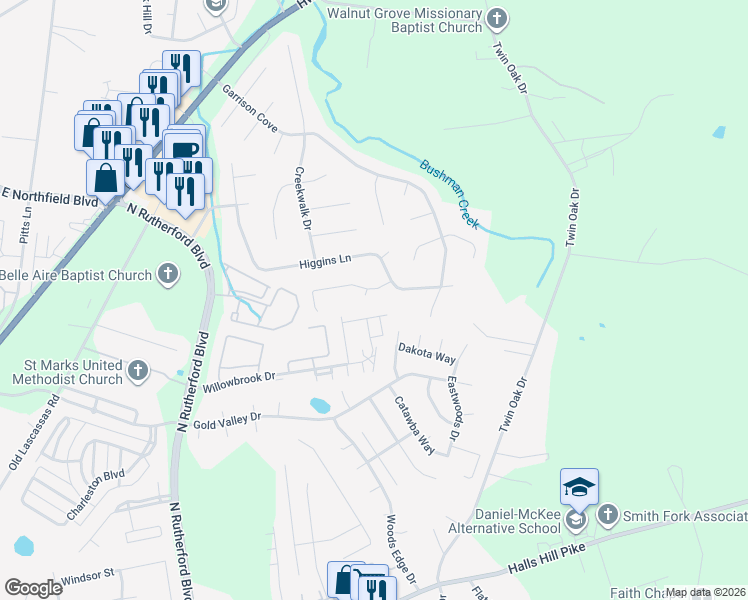 map of restaurants, bars, coffee shops, grocery stores, and more near 1802 Sawtooth Court in Murfreesboro