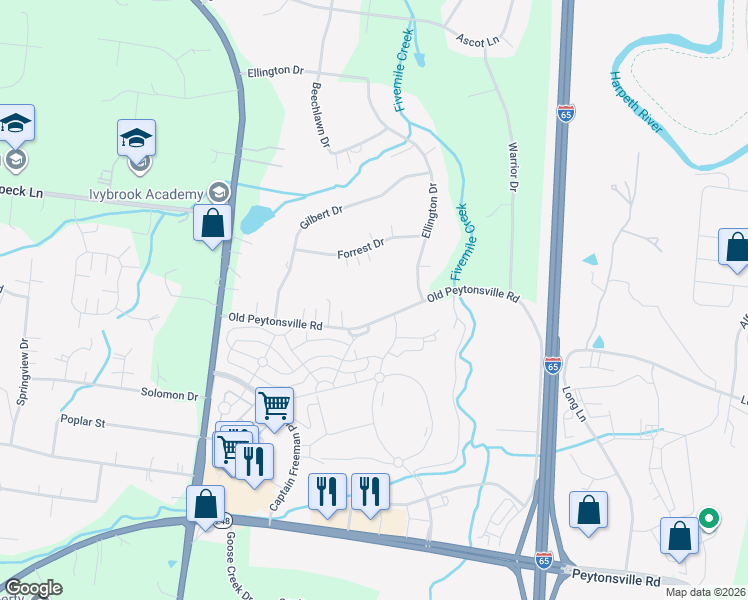 map of restaurants, bars, coffee shops, grocery stores, and more near 221 Old Peytonsville Road in Franklin