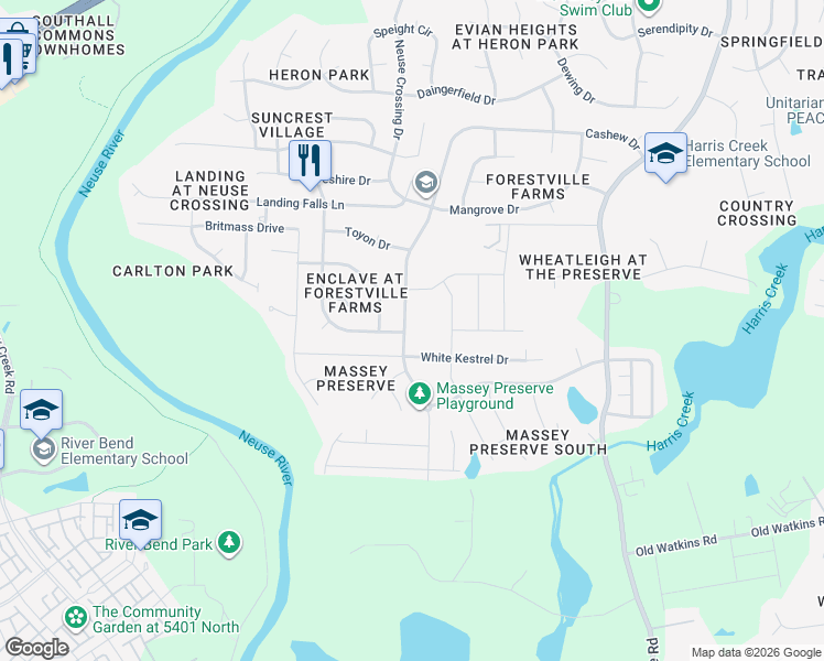 map of restaurants, bars, coffee shops, grocery stores, and more near 4007 White Kestrel Drive in Raleigh