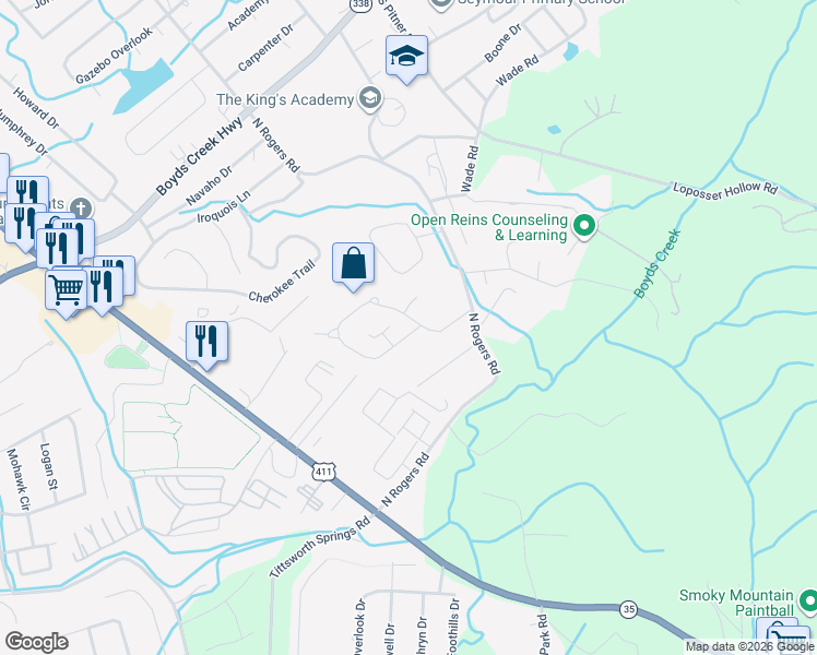 map of restaurants, bars, coffee shops, grocery stores, and more near 301 Sky Valley Court in Seymour