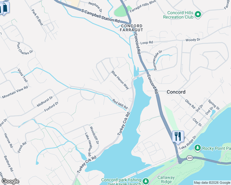 map of restaurants, bars, coffee shops, grocery stores, and more near 721 Landing Lane in Knoxville