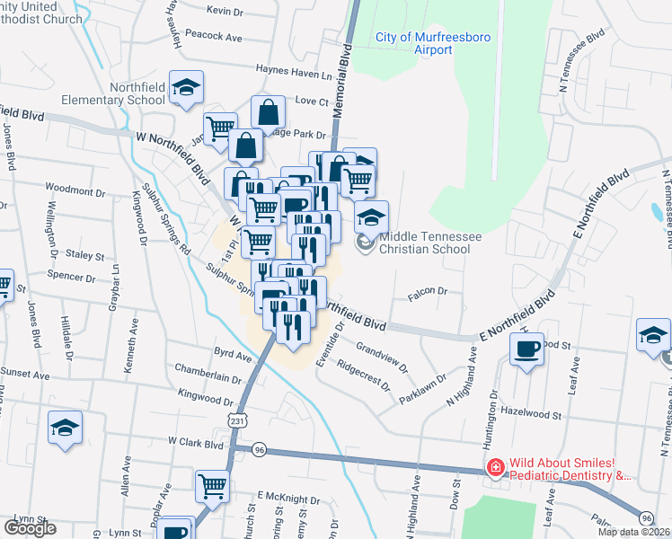 map of restaurants, bars, coffee shops, grocery stores, and more near 1708 Memorial Boulevard in Murfreesboro