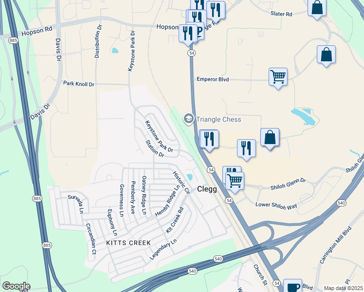 map of restaurants, bars, coffee shops, grocery stores, and more near 705 Keystone Park Drive in Morrisville