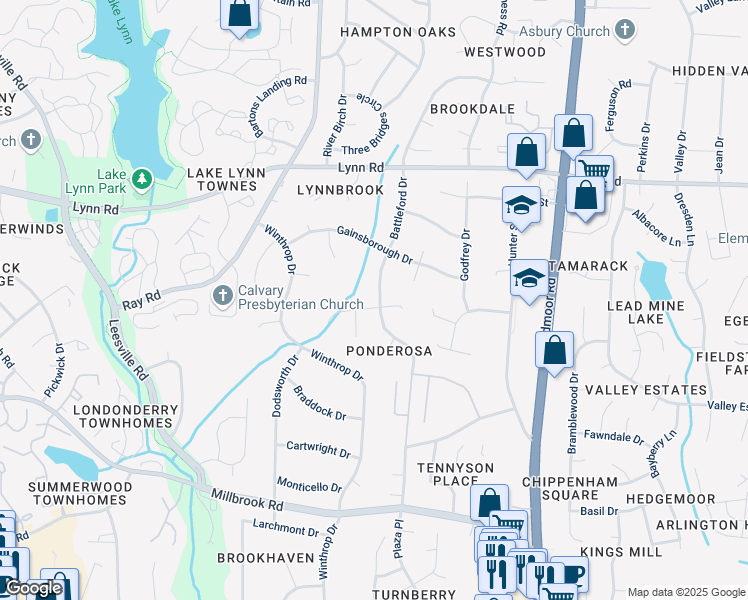 map of restaurants, bars, coffee shops, grocery stores, and more near 6300 Bayswater Trail in Raleigh