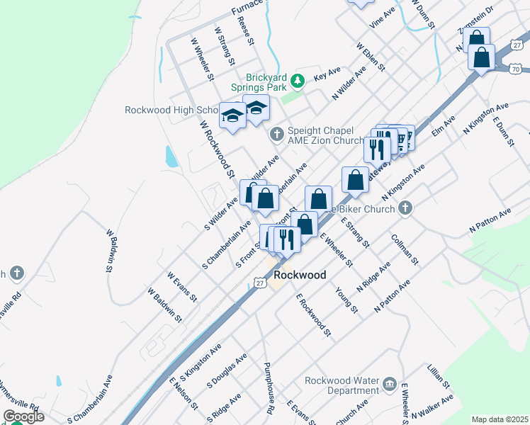 map of restaurants, bars, coffee shops, grocery stores, and more near 104 North Chamberlain Avenue in Rockwood