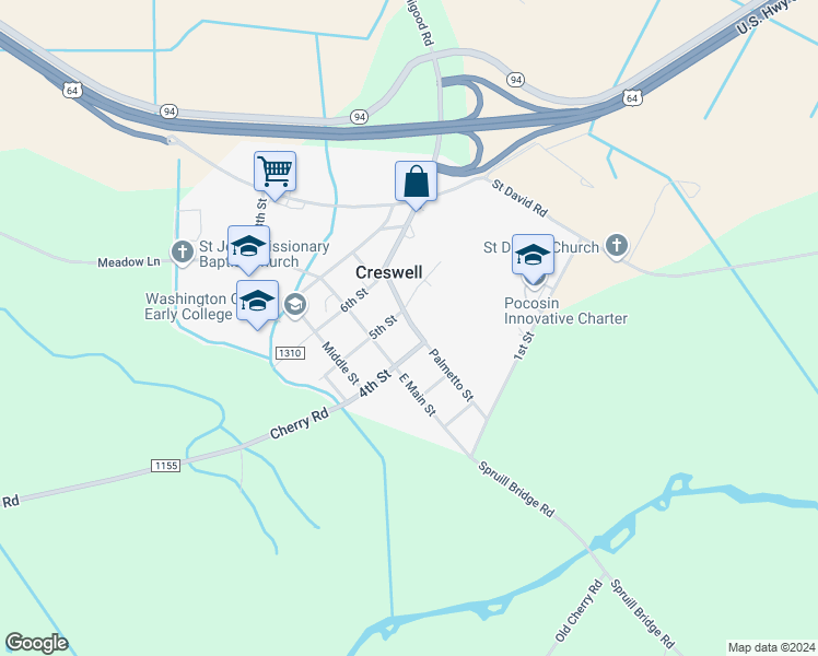 map of restaurants, bars, coffee shops, grocery stores, and more near 203 Palmetto Street in Creswell