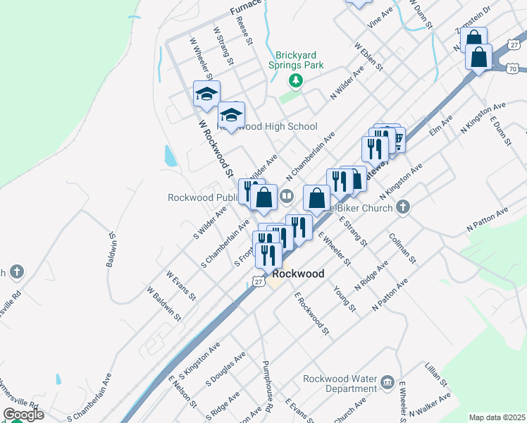 map of restaurants, bars, coffee shops, grocery stores, and more near 104 North Chamberlain Avenue in Rockwood