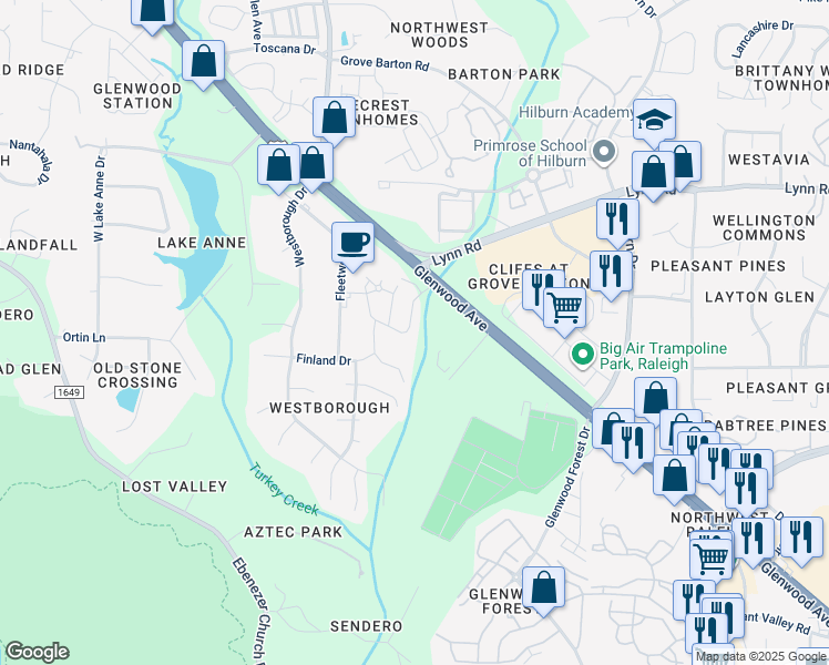map of restaurants, bars, coffee shops, grocery stores, and more near 7851 Allscott Way in Raleigh