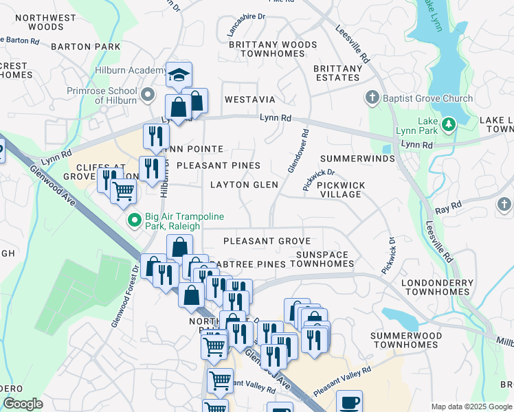 map of restaurants, bars, coffee shops, grocery stores, and more near 4505 Printer Lane in Raleigh