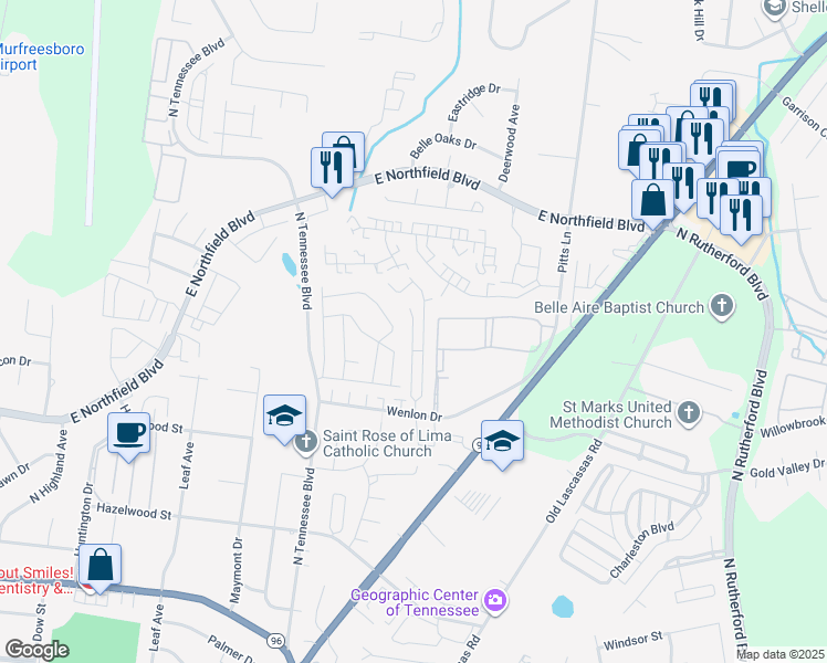 map of restaurants, bars, coffee shops, grocery stores, and more near 1325 Wenlon Drive in Murfreesboro