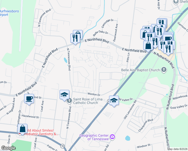 map of restaurants, bars, coffee shops, grocery stores, and more near 1325 Wenlon Drive in Murfreesboro