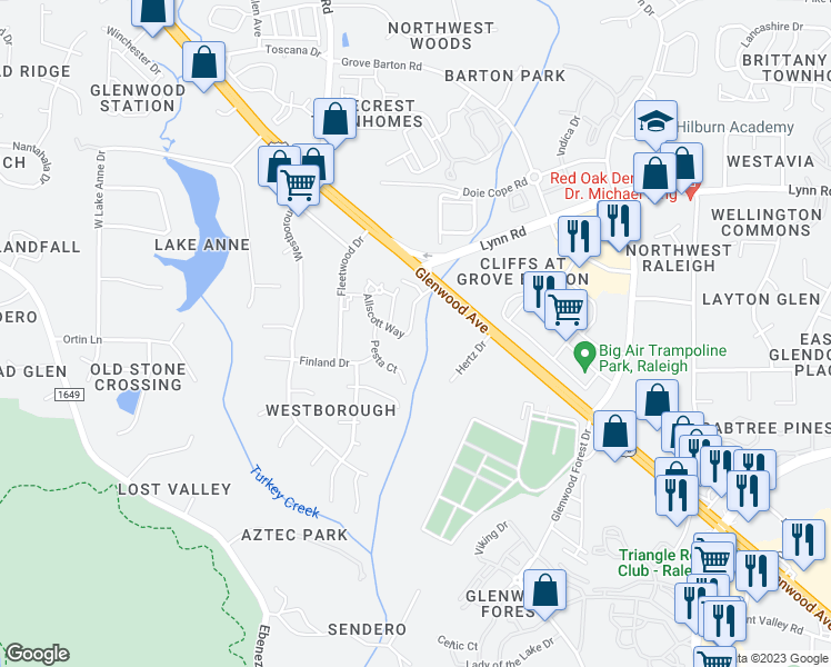 map of restaurants, bars, coffee shops, grocery stores, and more near 7851 Allscott Way in Raleigh