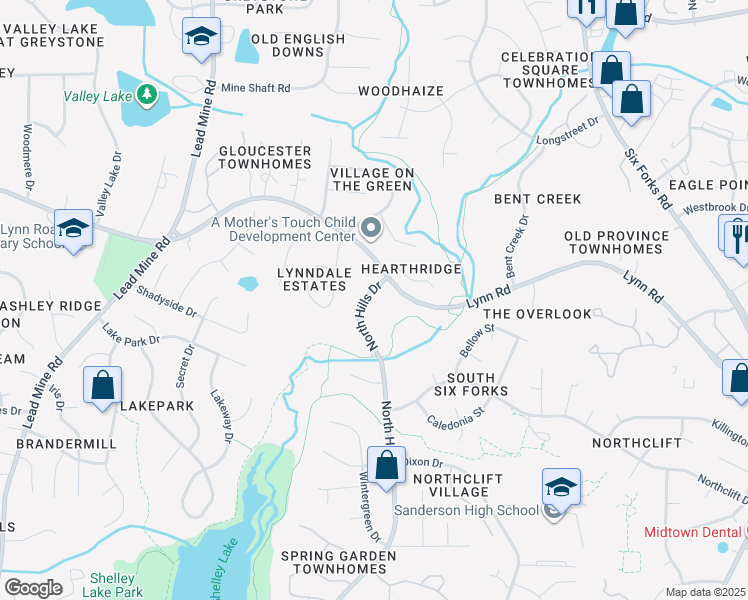 map of restaurants, bars, coffee shops, grocery stores, and more near 6208 North Hills Drive in Raleigh