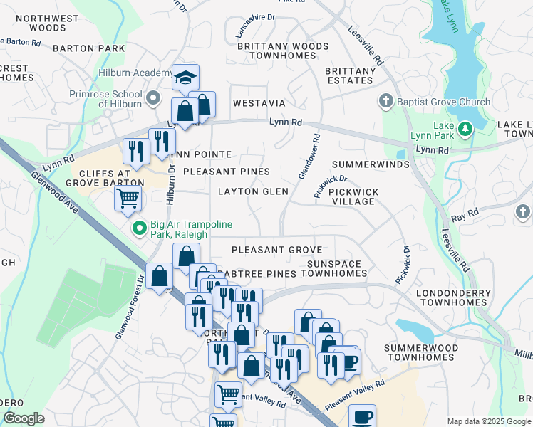 map of restaurants, bars, coffee shops, grocery stores, and more near 4505 Printer Lane in Raleigh
