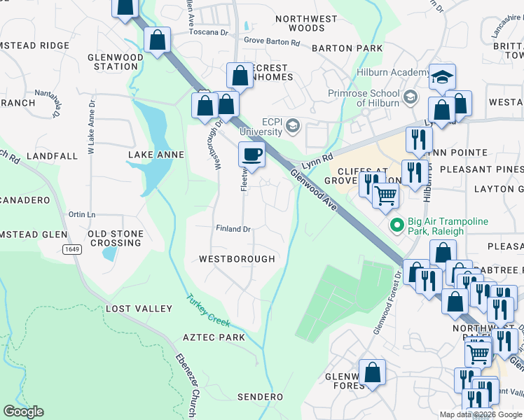 map of restaurants, bars, coffee shops, grocery stores, and more near 7908 Finland Drive in Raleigh