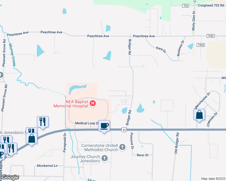 map of restaurants, bars, coffee shops, grocery stores, and more near 2101 Bridger Road in Jonesboro