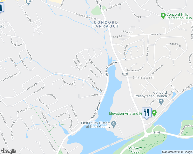 map of restaurants, bars, coffee shops, grocery stores, and more near 735 Harbor Way in Knoxville