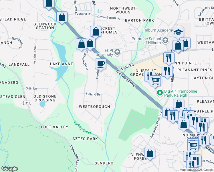 map of restaurants, bars, coffee shops, grocery stores, and more near 6424 Swatner Drive in Raleigh