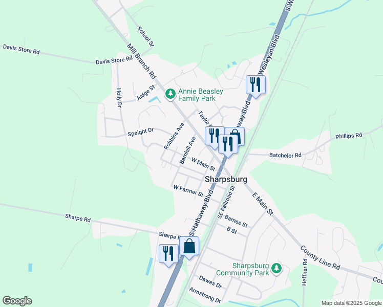 map of restaurants, bars, coffee shops, grocery stores, and more near 320 Southwest Main Street in Rocky Mount