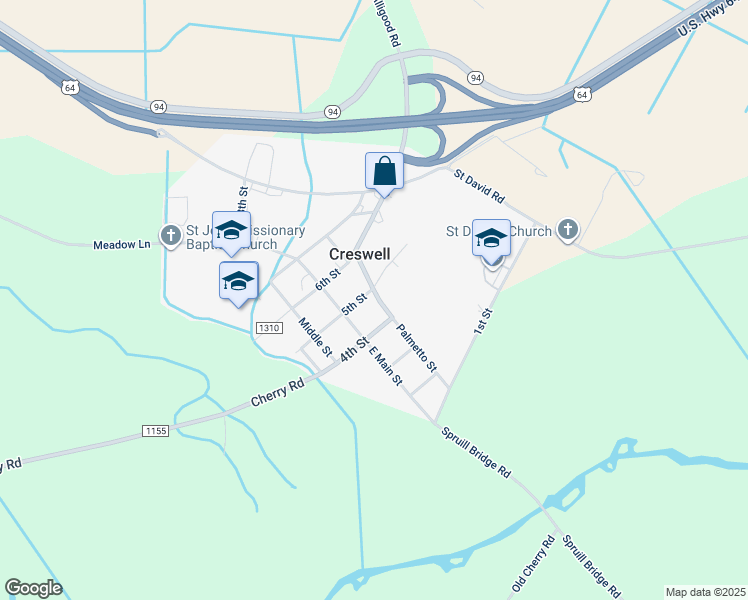 map of restaurants, bars, coffee shops, grocery stores, and more near 203 Palmetto Street in Creswell