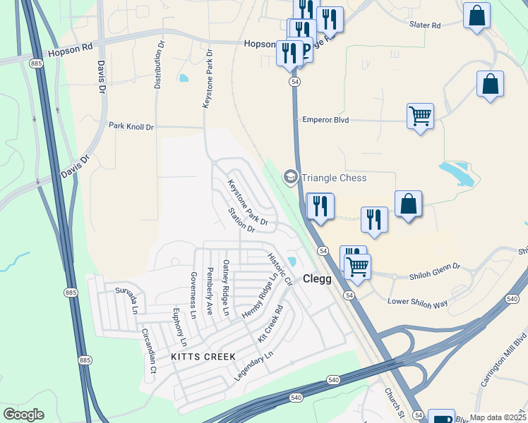 map of restaurants, bars, coffee shops, grocery stores, and more near 711-74 Keystone Park Drive in Morrisville