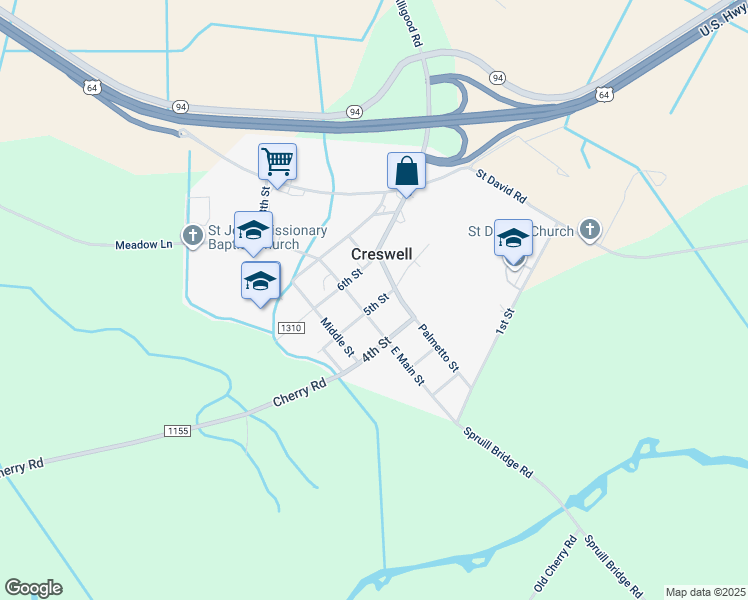 map of restaurants, bars, coffee shops, grocery stores, and more near 104 5th Street in Creswell