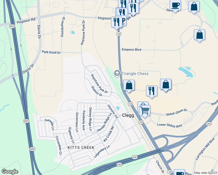 map of restaurants, bars, coffee shops, grocery stores, and more near 711 Keystone Park Drive in Morrisville