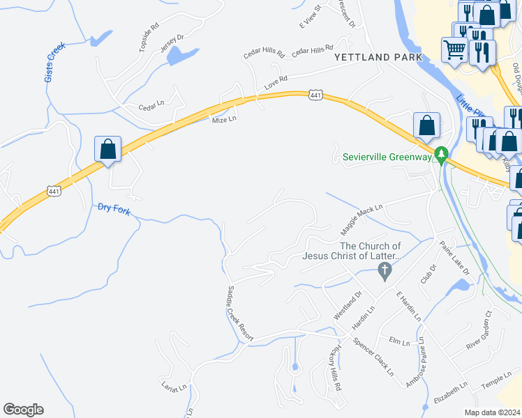map of restaurants, bars, coffee shops, grocery stores, and more near 317 Saddleback Way in Sevierville