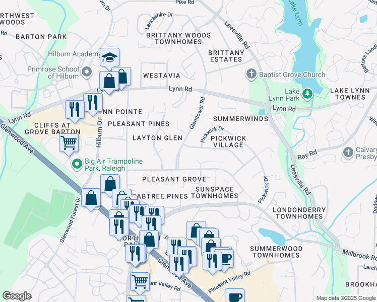 map of restaurants, bars, coffee shops, grocery stores, and more near 4513 Old Colony Road in Raleigh