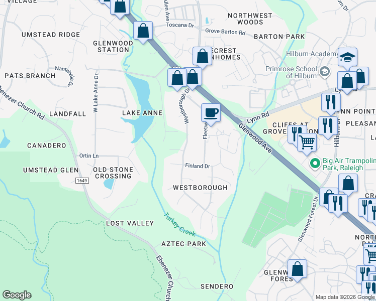 map of restaurants, bars, coffee shops, grocery stores, and more near 6400 Westborough Drive in Raleigh