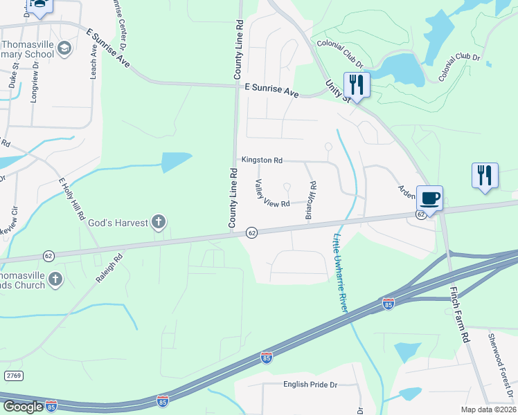 map of restaurants, bars, coffee shops, grocery stores, and more near 4348 Valley View Road in Trinity