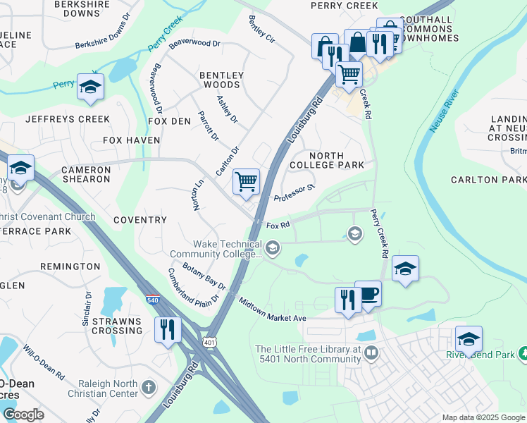 map of restaurants, bars, coffee shops, grocery stores, and more near 6500 Professor Street in Raleigh