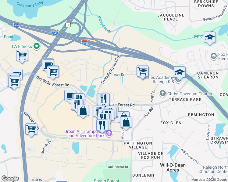 map of restaurants, bars, coffee shops, grocery stores, and more near 7810 Town Drive in Raleigh