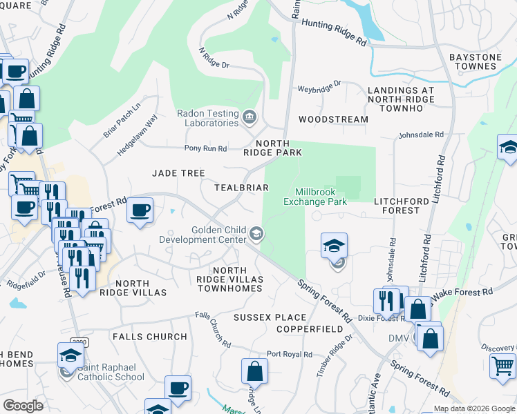 map of restaurants, bars, coffee shops, grocery stores, and more near 1704 Tealwood Place in Raleigh