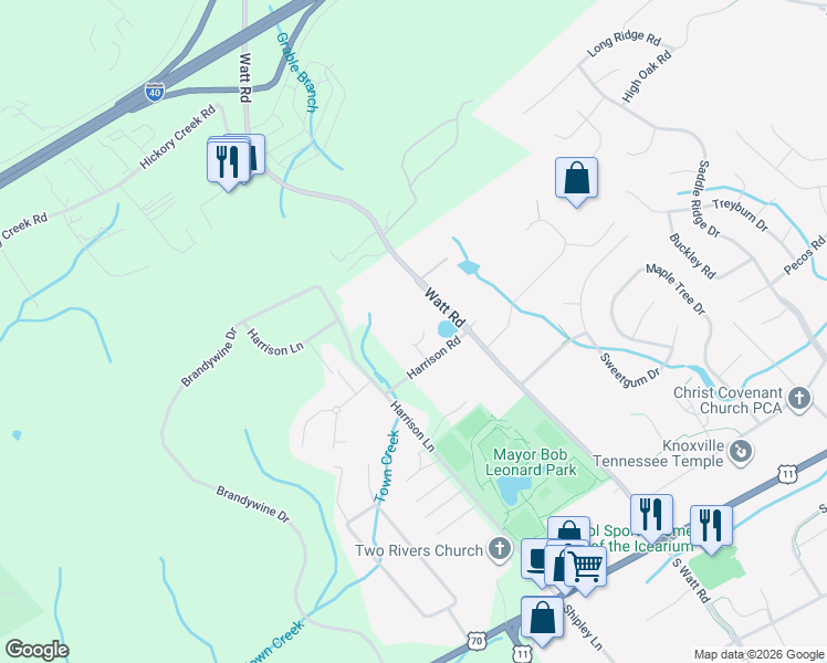 map of restaurants, bars, coffee shops, grocery stores, and more near 13117 Harrison Road in Knoxville