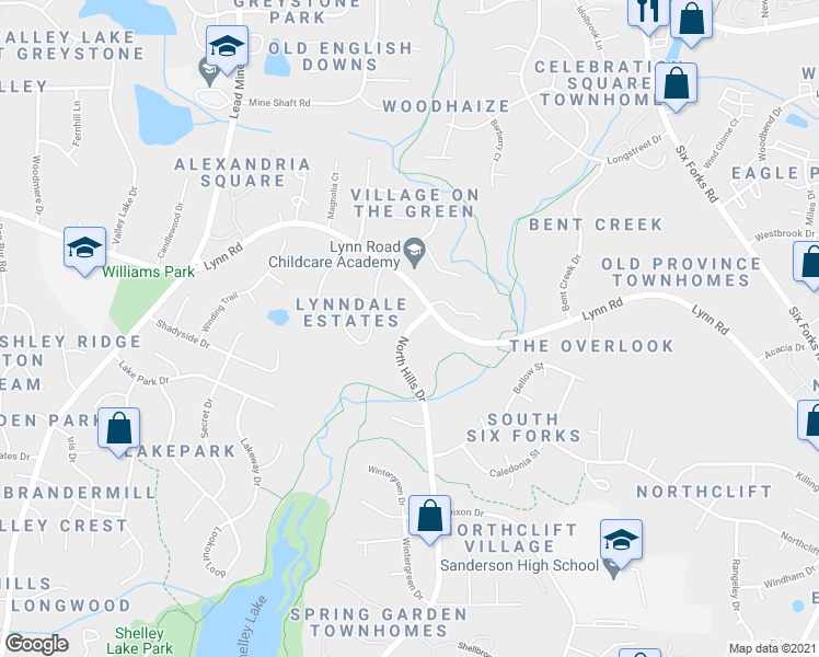 map of restaurants, bars, coffee shops, grocery stores, and more near 6217 North Hills Drive in Raleigh