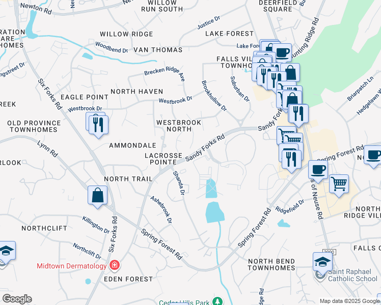 map of restaurants, bars, coffee shops, grocery stores, and more near 6604 Portsmouth Lane in Raleigh