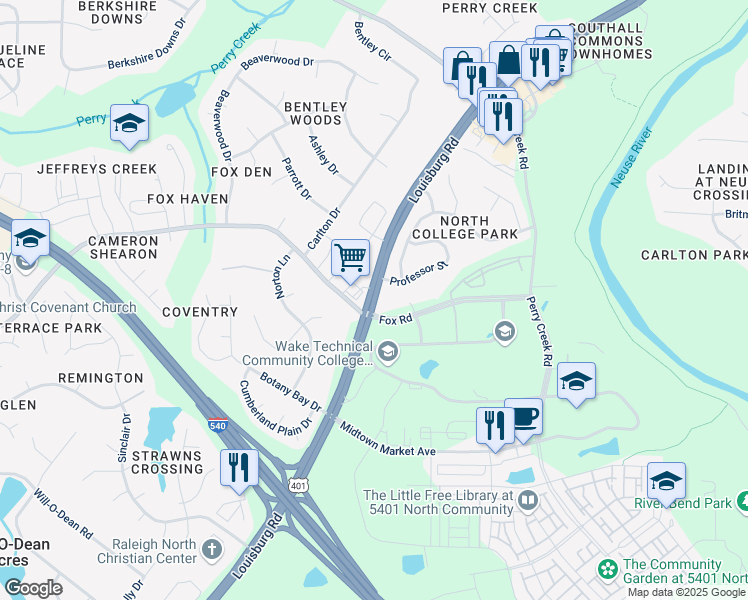 map of restaurants, bars, coffee shops, grocery stores, and more near 6800 Louisburg Road in Raleigh