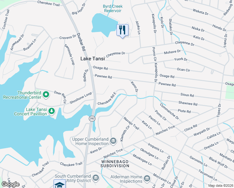 map of restaurants, bars, coffee shops, grocery stores, and more near 1531 Cherokee Road East in Crossville