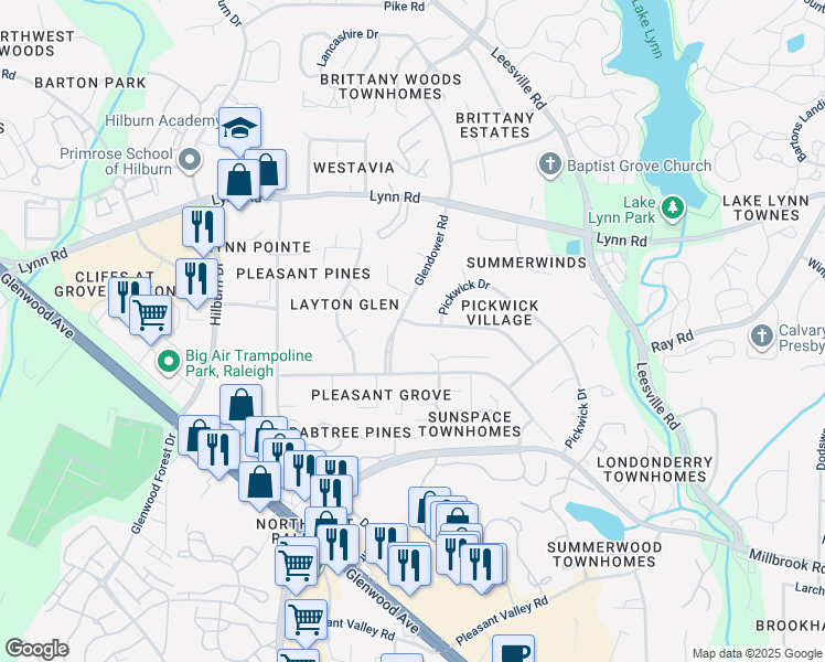 map of restaurants, bars, coffee shops, grocery stores, and more near 4513 Old Colony Road in Raleigh