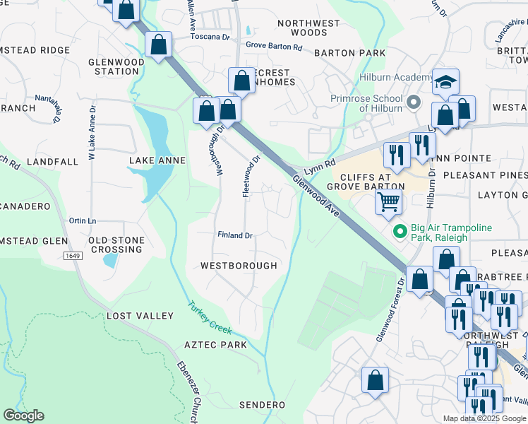 map of restaurants, bars, coffee shops, grocery stores, and more near 6329 Pesta Court in Raleigh