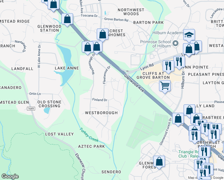 map of restaurants, bars, coffee shops, grocery stores, and more near 6329 Pesta Court in Raleigh
