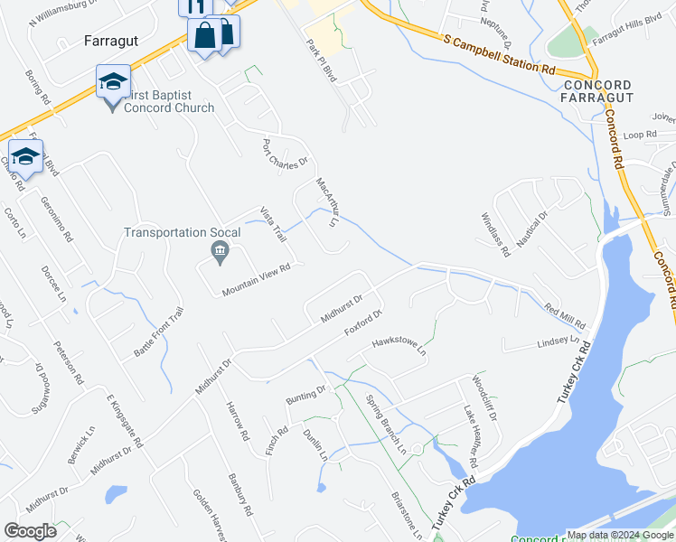 map of restaurants, bars, coffee shops, grocery stores, and more near 11511 Foxford Drive in Knoxville