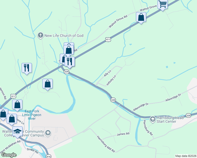map of restaurants, bars, coffee shops, grocery stores, and more near 1815 Ally Lane in Sevierville
